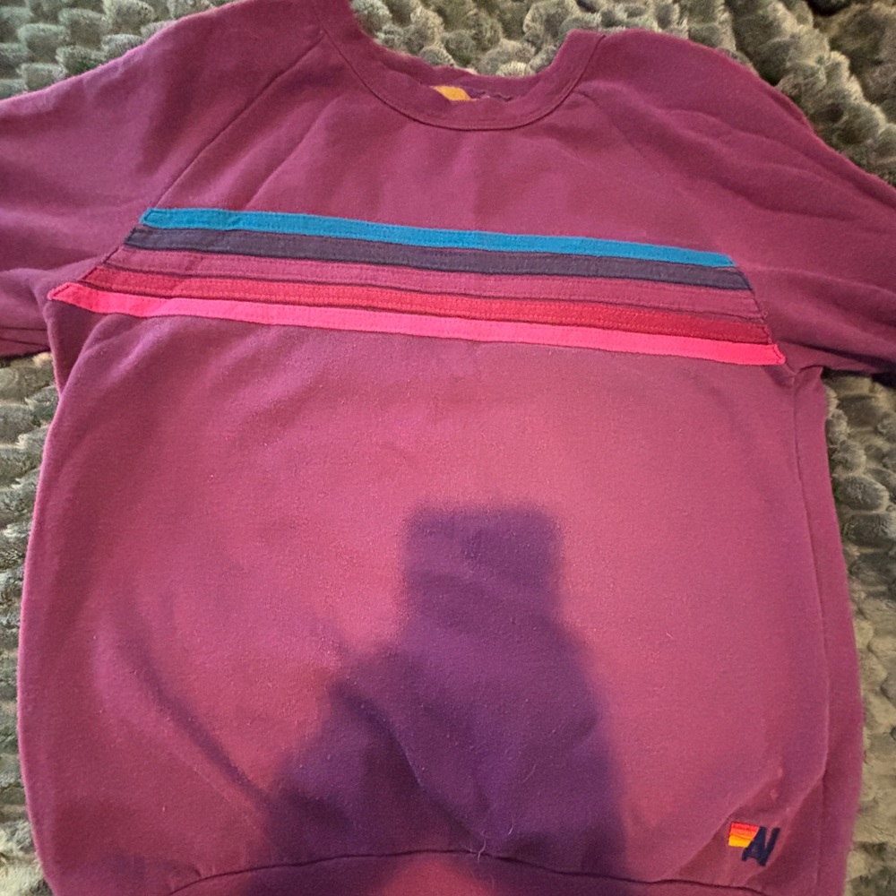 Aviator Nation Plum Crewneck Sweater with Multicolor Chest Stripes